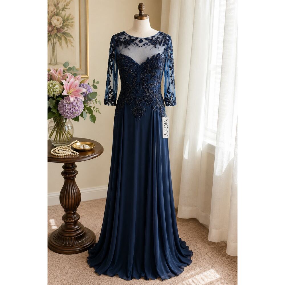 MGNY 71908 Navy Beaded Evening Gown Size 10 NWT | Mother of Bride - Picture 2 of 12